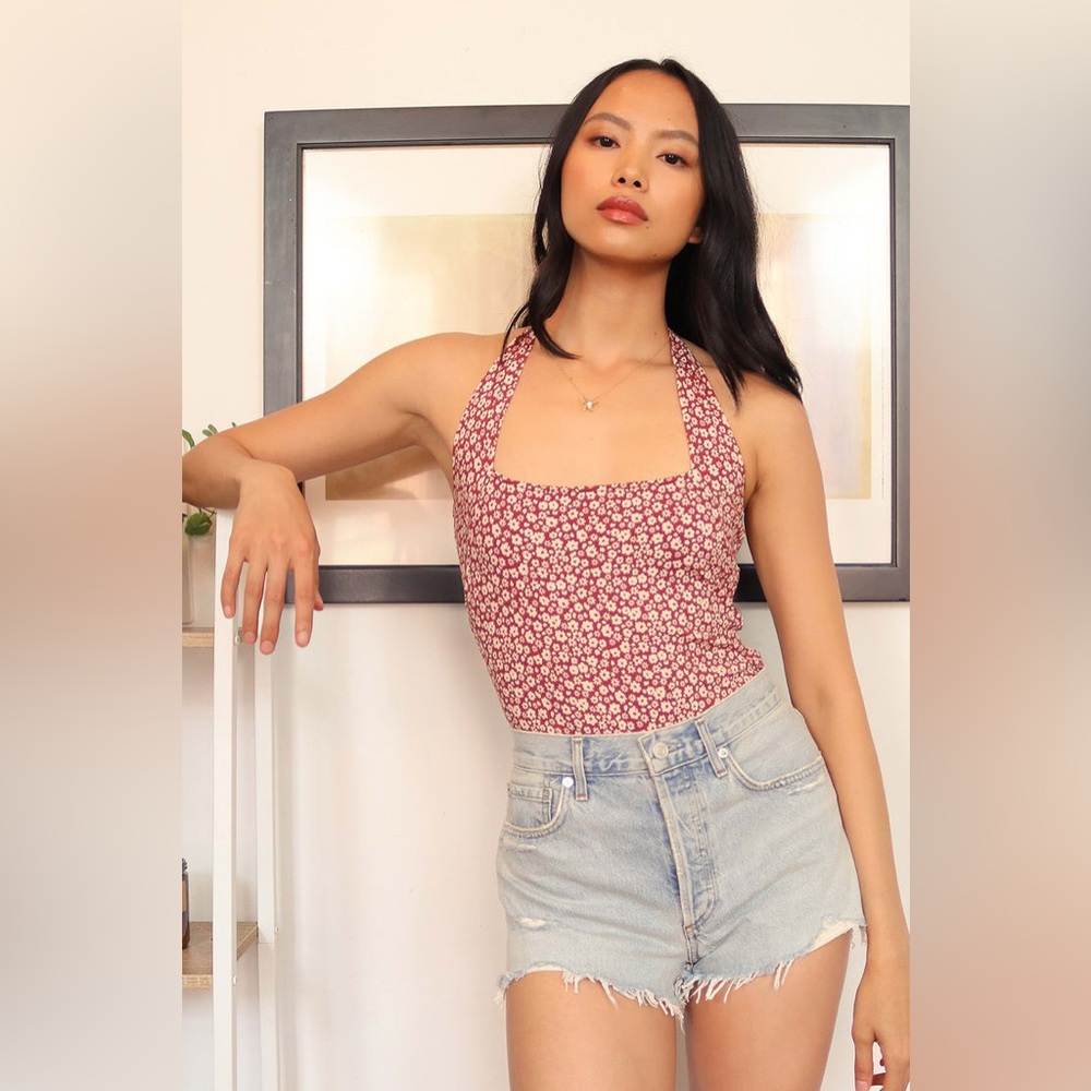 Free People Talk Back Red Floral Print Halter Bodysuit